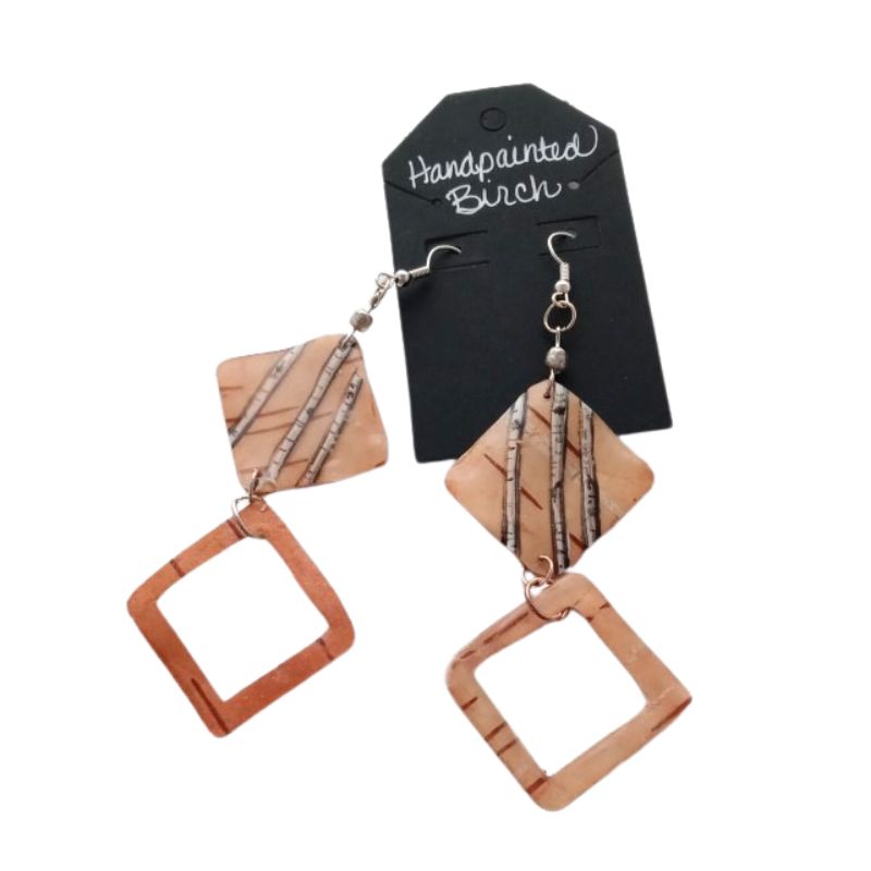Rounded squares birch bark earrings by artist Patti Arnold. Handpainted with birch trees and sealed with resin.