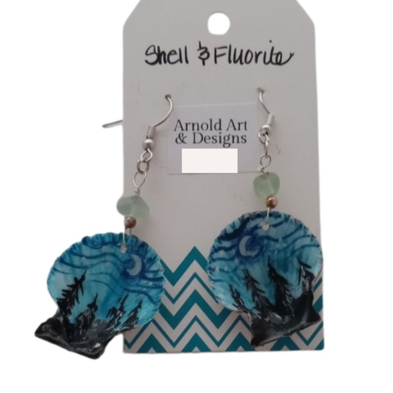 Handpainted Seashell earrings by artist Patti Arnold. Night scene design.