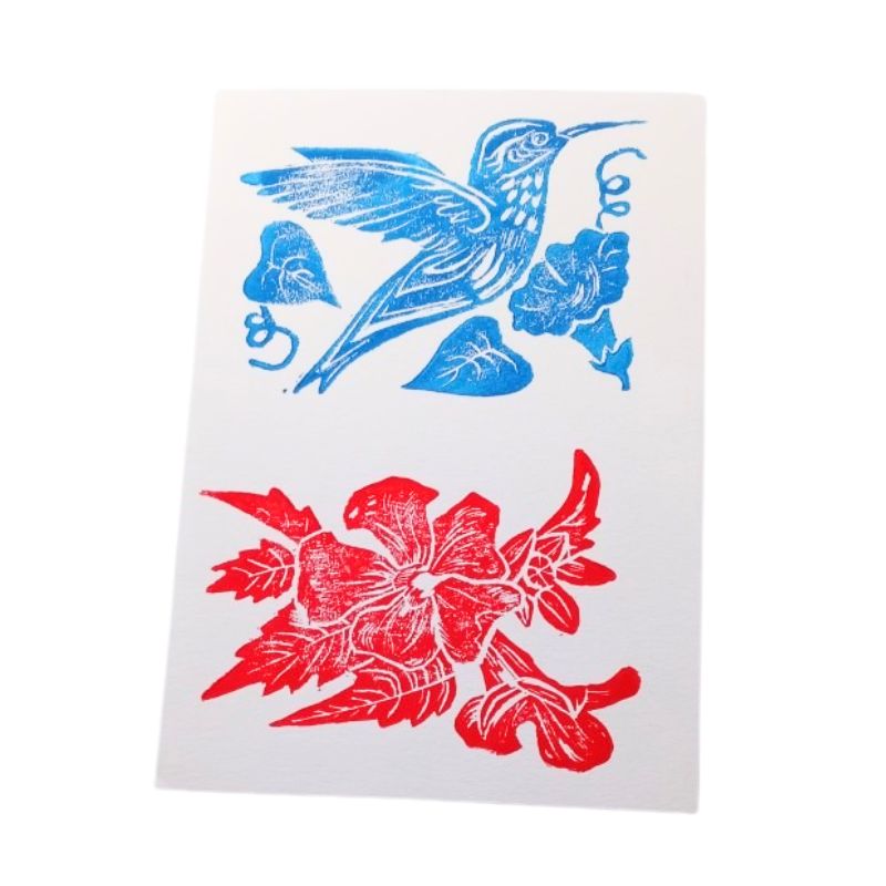 Hummingbird and Trumpet vine lino print in blue and red ink by artist Patti Arnold