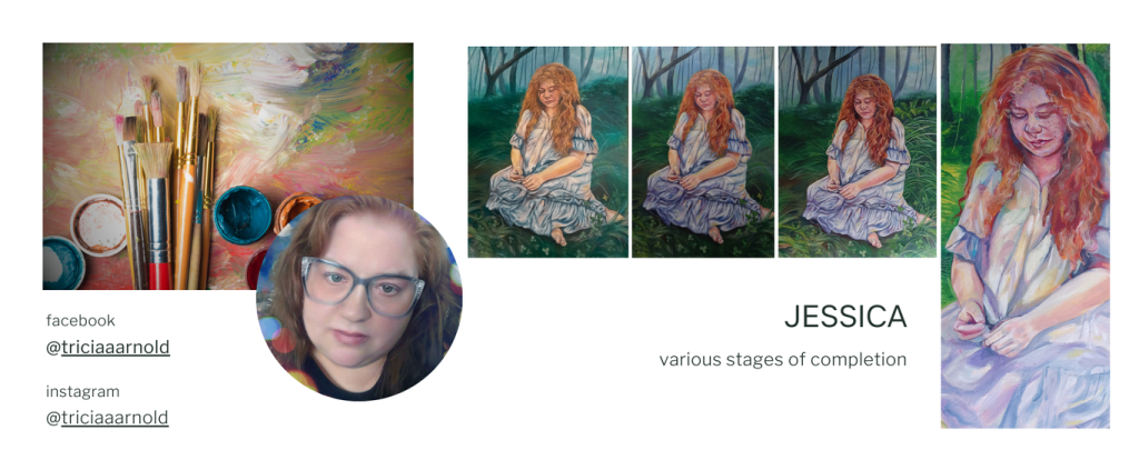 Jessica by Patti Arnold. The picture shows the oil painting in different stages. The subject is Jessica sitting in the grass on a late summer day.