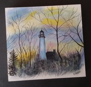 Tawas Point Lighthouse acrylic painting on wooden box by artist Patti Arnold.