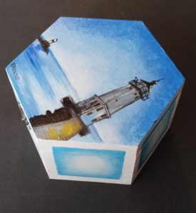 Ludington Lighthouse acrylic painting on wooden box, hexagon shape by artist Patti Arnold.
