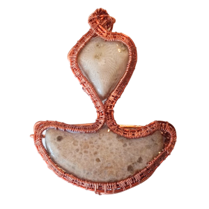 Wire wrapped Petoskey and Charlevoix stone pendant.