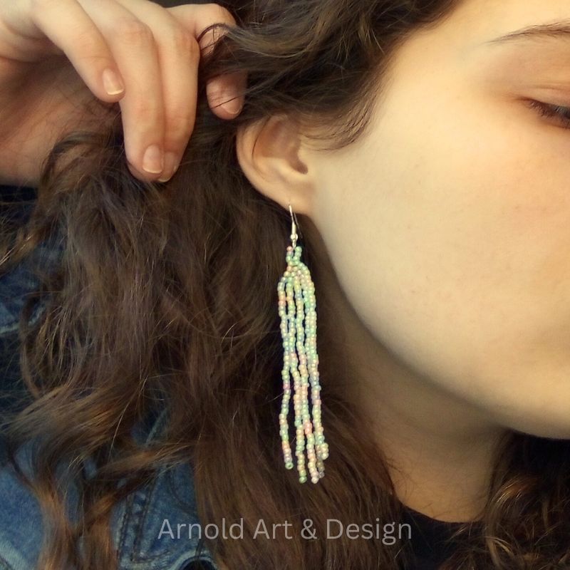 Pastel multicolored seed bead earrings with tassels.