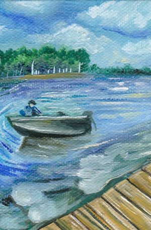 Mini Oil Painting on Canvas Boating at the Lake