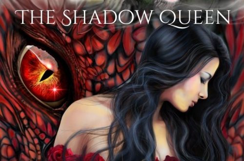 Draekkon's Fire Book 1 The Shadow Queen. A woman is engulfed in roses, standing before a red dragon with eyes the color of flame.