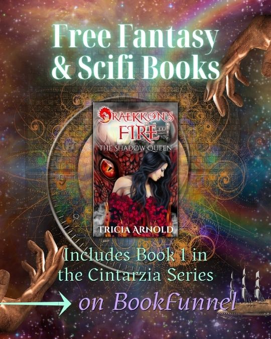 An ad featuring Free Fantasy & Scifi books on BookFunnel. The ad is a time warp themed graphic as a background and a book cover for Draekkon's Fire by Tricia Arnold.