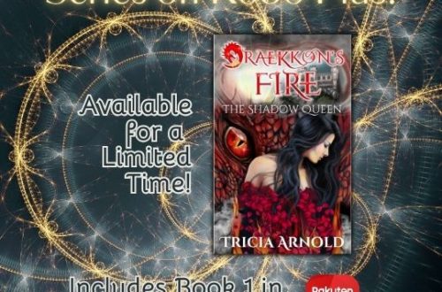 This ad features a Bookfunnel promotion that highlights complete fantasy series on Kobo Plus. The ad has a glowing gold spiral on a deep blue background as a backdrop and a book cover for Draekkon's Fire by Tricia Arnold.