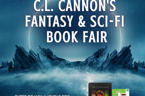 C.L. Cannon's Fantasy & Scifi Book Fair. A circular light in the night sky. A body of water with rocks on the horizon.