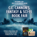 C.L. Cannon's Fantasy & Scifi Book Fair. A circular light in the night sky. A body of water with rocks on the horizon.