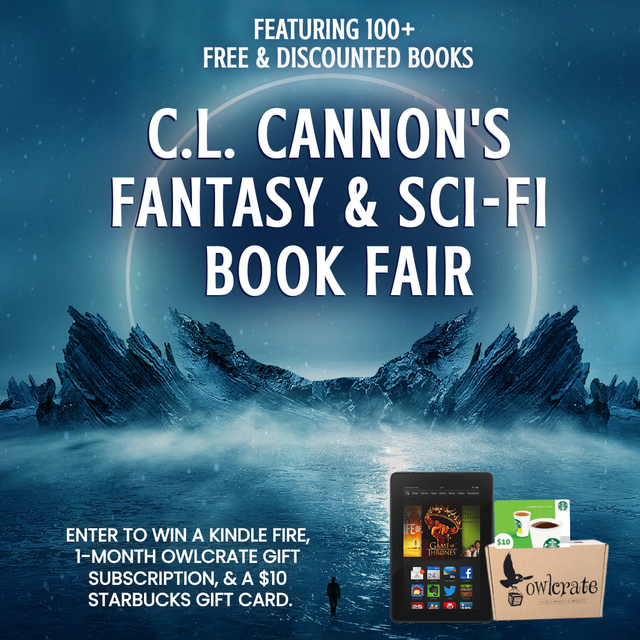 C.L. Cannon's Fantasy & Scifi Book Fair. A circular light in the night sky. A body of water with rocks on the horizon.