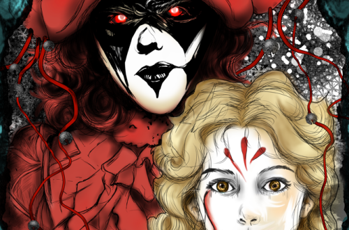 A harlequin clown demon hovers behind Annie, a carnival clown. She has ash blonde hair and a partially painted clown face. It has an 1900s vibe. Cover design by Lia Renee.