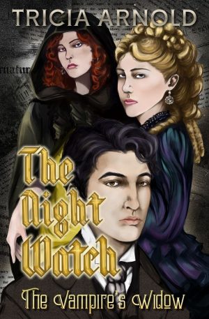 The Night Watch book cover illustrated by Lia Renee. The cover have vintage clothing. It features 3 characters, a cloaked redhead, a blonde woman dressed in a blue Victorian age gown, and a dark-haired man in a white shirt and dark jacket.